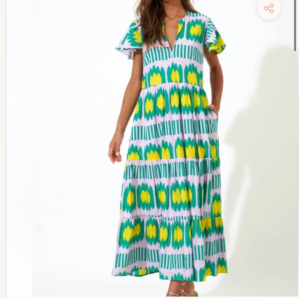 Oliphant V-Neck Maxi Dress Cotton Ikat Yellow and Lilac Print Small